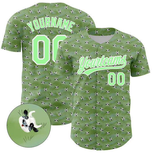 Custom Green Pea Green-White 3D Pattern Design Animal Cow Authentic Baseball Jersey - Sky-Custom