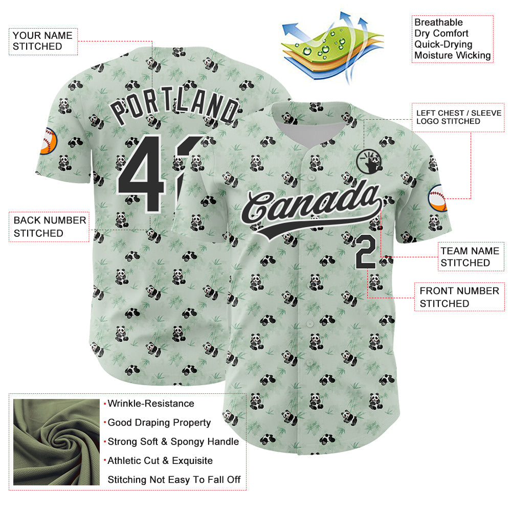 Custom Green Black-White 3D Pattern Design Animal Panda Authentic Baseball Jersey - Sky-Custom