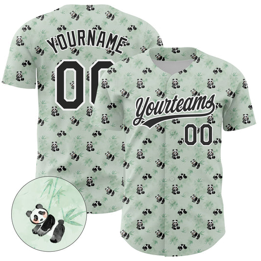 Custom Green Black-White 3D Pattern Design Animal Panda Authentic Baseball Jersey - Sky-Custom