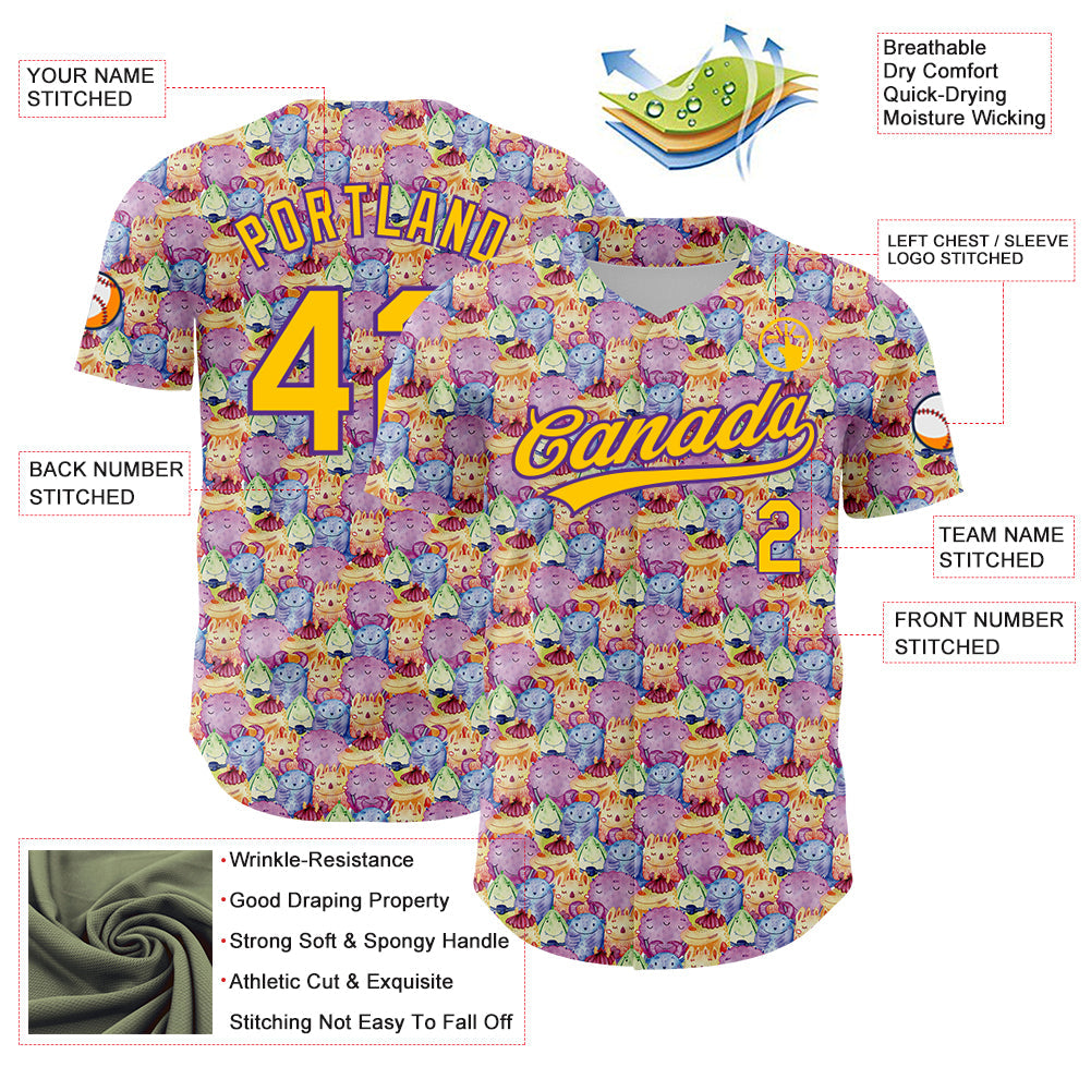 Custom Pink Yellow-Purple 3D Pattern Design Animal Funny Monster Authentic Baseball Jersey - Sky-Custom