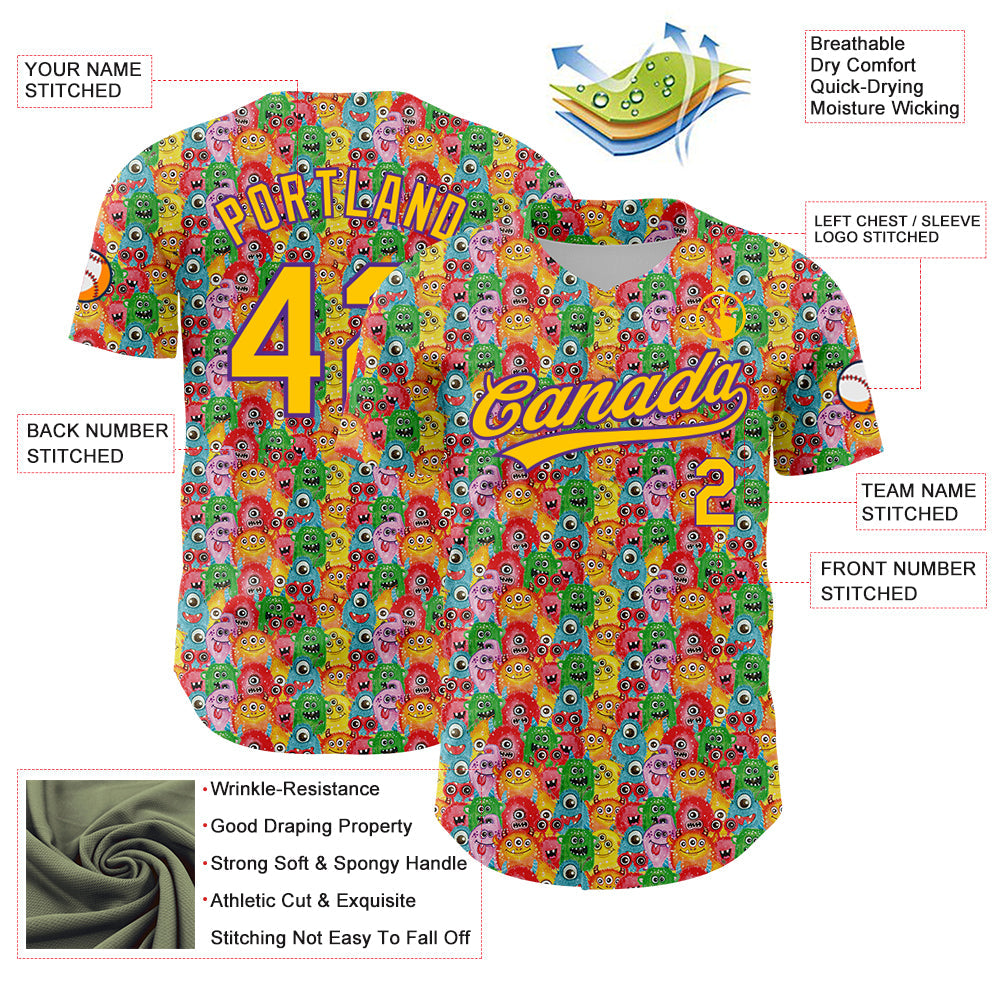 Custom Pink Yellow-Purple 3D Pattern Design Animal Funny Monster Authentic Baseball Jersey - Sky-Custom
