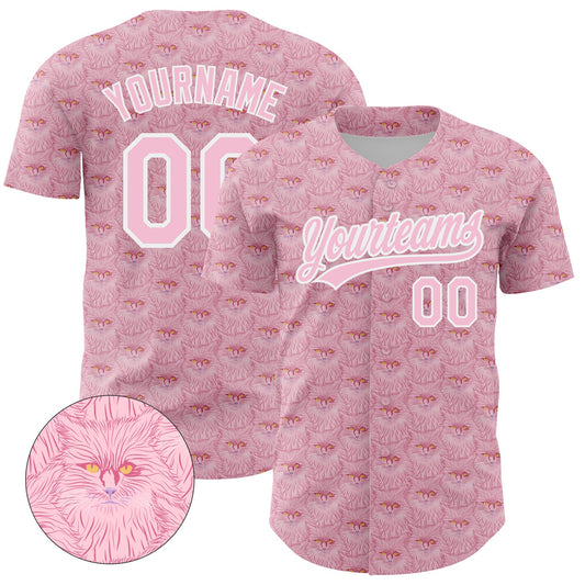 Custom Light Pink White 3D Pattern Design Animal Cat Authentic Baseball Jersey - Sky-Custom