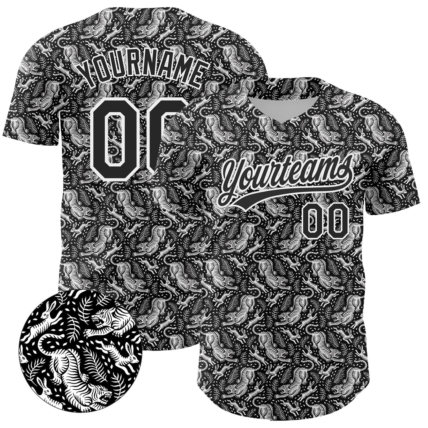 Custom Black White 3D Pattern Design Animal Tiger And Rabbit Authentic Baseball Jersey - Sky-Custom