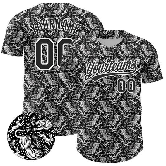 Custom Black White 3D Pattern Design Animal Tiger And Rabbit Authentic Baseball Jersey - Sky-Custom