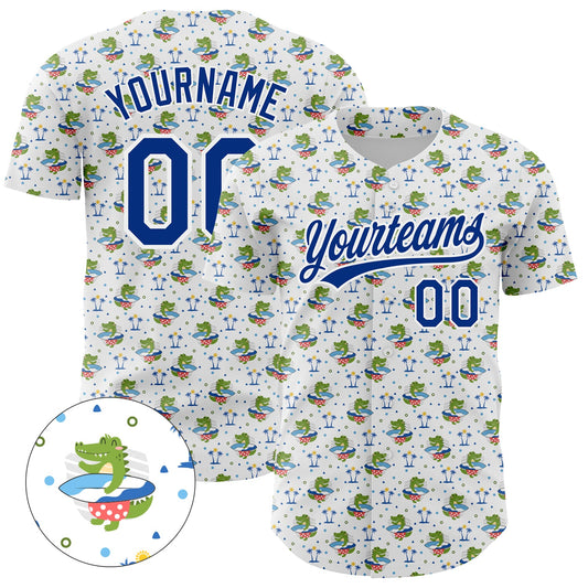 Custom White Royal 3D Pattern Design Animal Crocodile Surfing Authentic Baseball Jersey - Sky-Custom