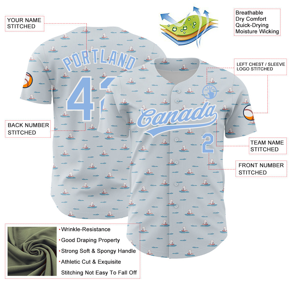 Custom Gray Light Blue-White 3D Pattern Design Animal Dog Surfing Authentic Baseball Jersey - Sky-Custom