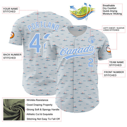Custom Gray Light Blue-White 3D Pattern Design Animal Dog Surfing Authentic Baseball Jersey - Sky-Custom
