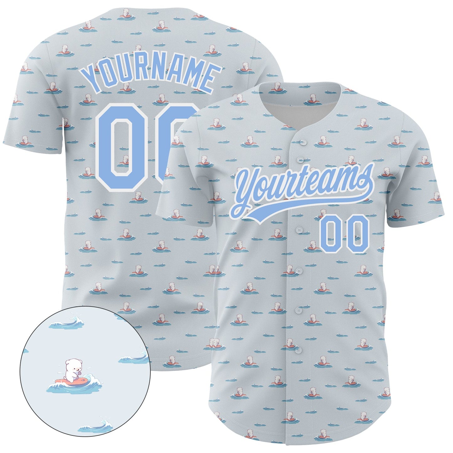 Custom Gray Light Blue-White 3D Pattern Design Animal Dog Surfing Authentic Baseball Jersey - Sky-Custom