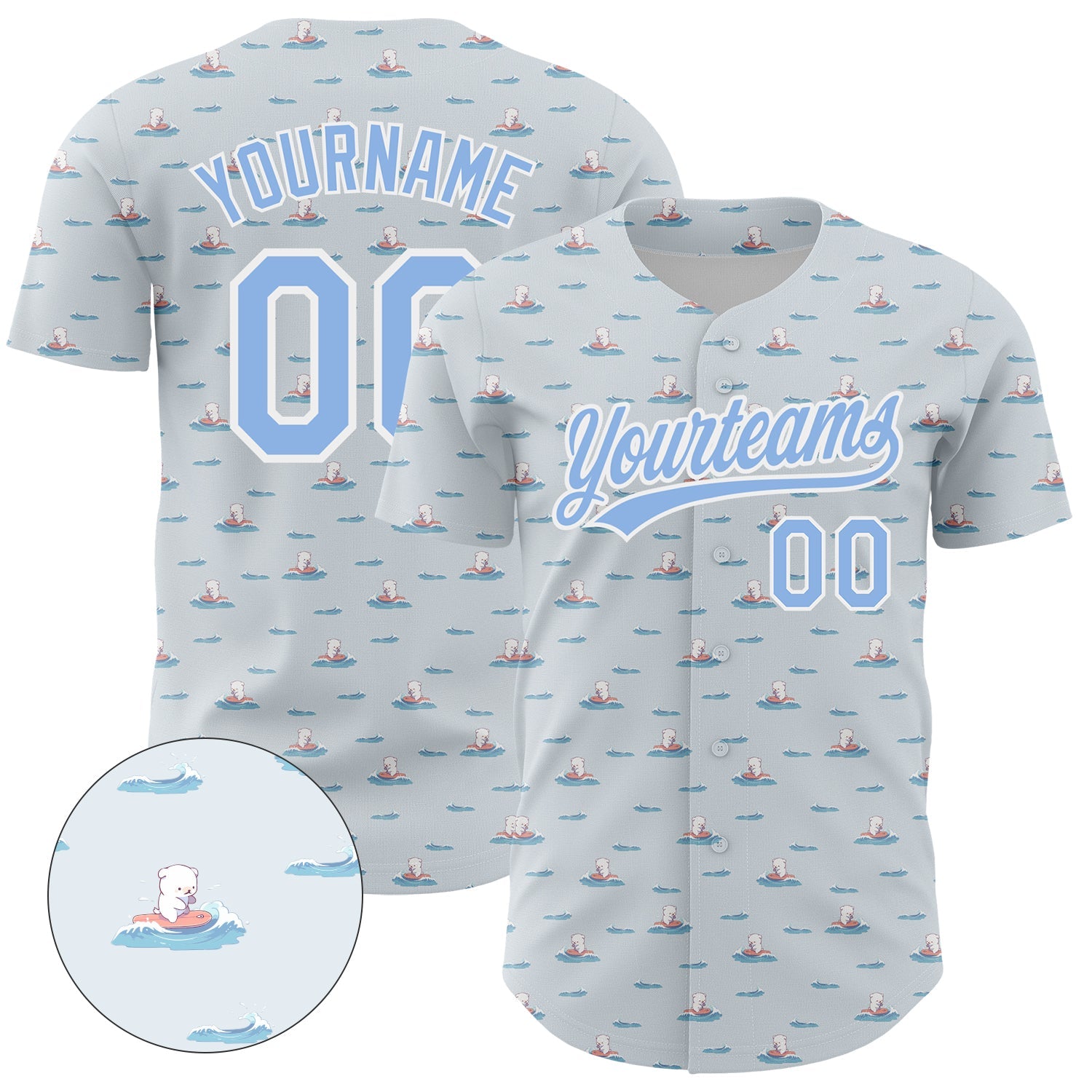 Custom Gray Light Blue-White 3D Pattern Design Animal Dog Surfing Authentic Baseball Jersey - Sky-Custom