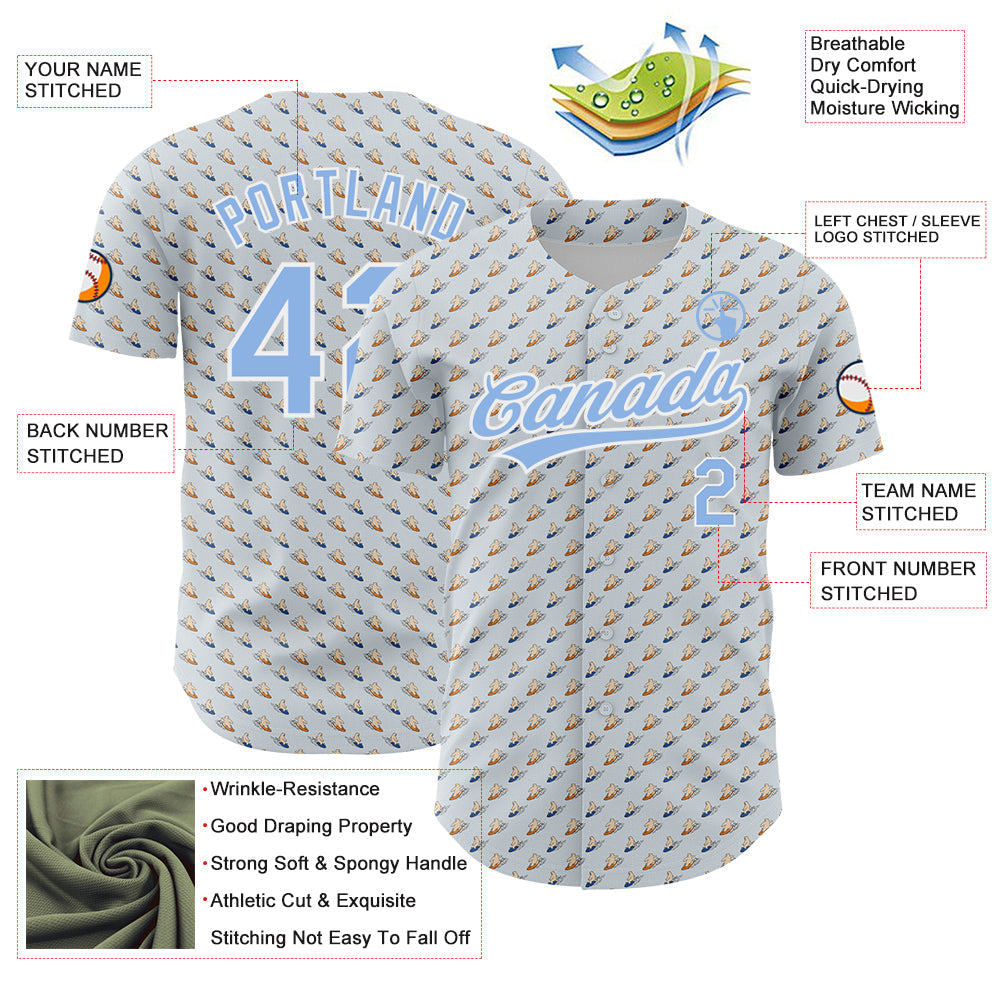 Custom Gray Light Blue-White 3D Pattern Design Animal Bear Surfing Authentic Baseball Jersey - Sky-Custom