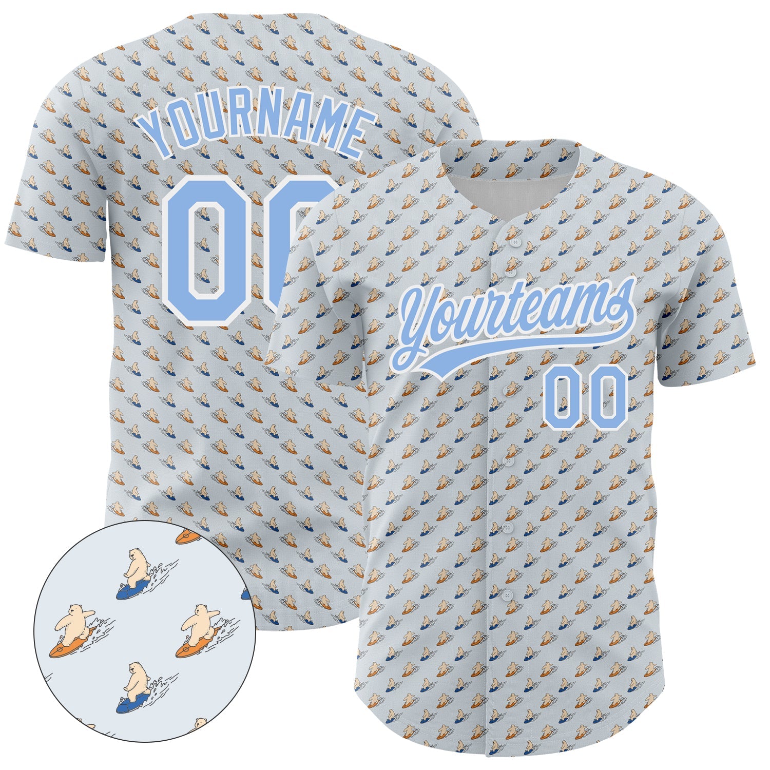 Custom Gray Light Blue-White 3D Pattern Design Animal Bear Surfing Authentic Baseball Jersey - Sky-Custom