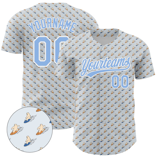 Custom Gray Light Blue-White 3D Pattern Design Animal Bear Surfing Authentic Baseball Jersey - Sky-Custom
