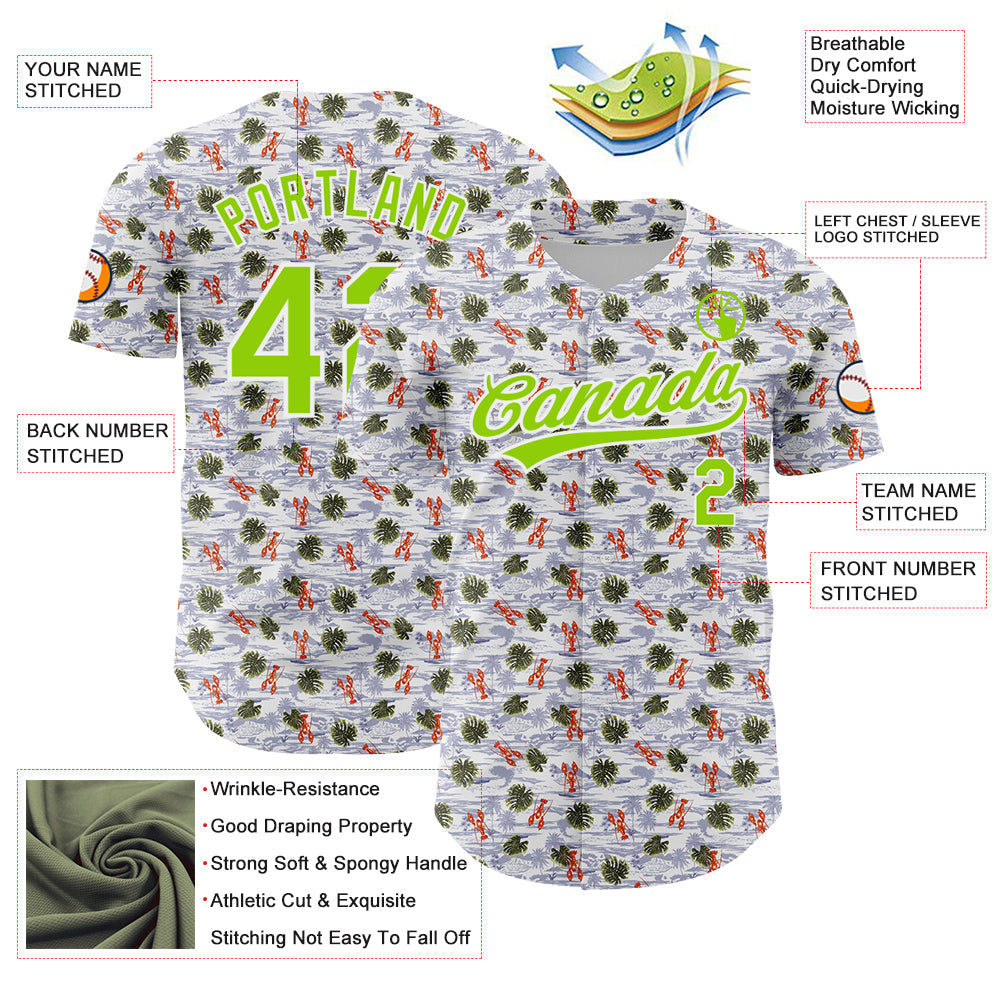 Custom White Neon Green 3D Pattern Design Animal Lobster And Hawaii Palm Trees Authentic Baseball Jersey - Sky-Custom