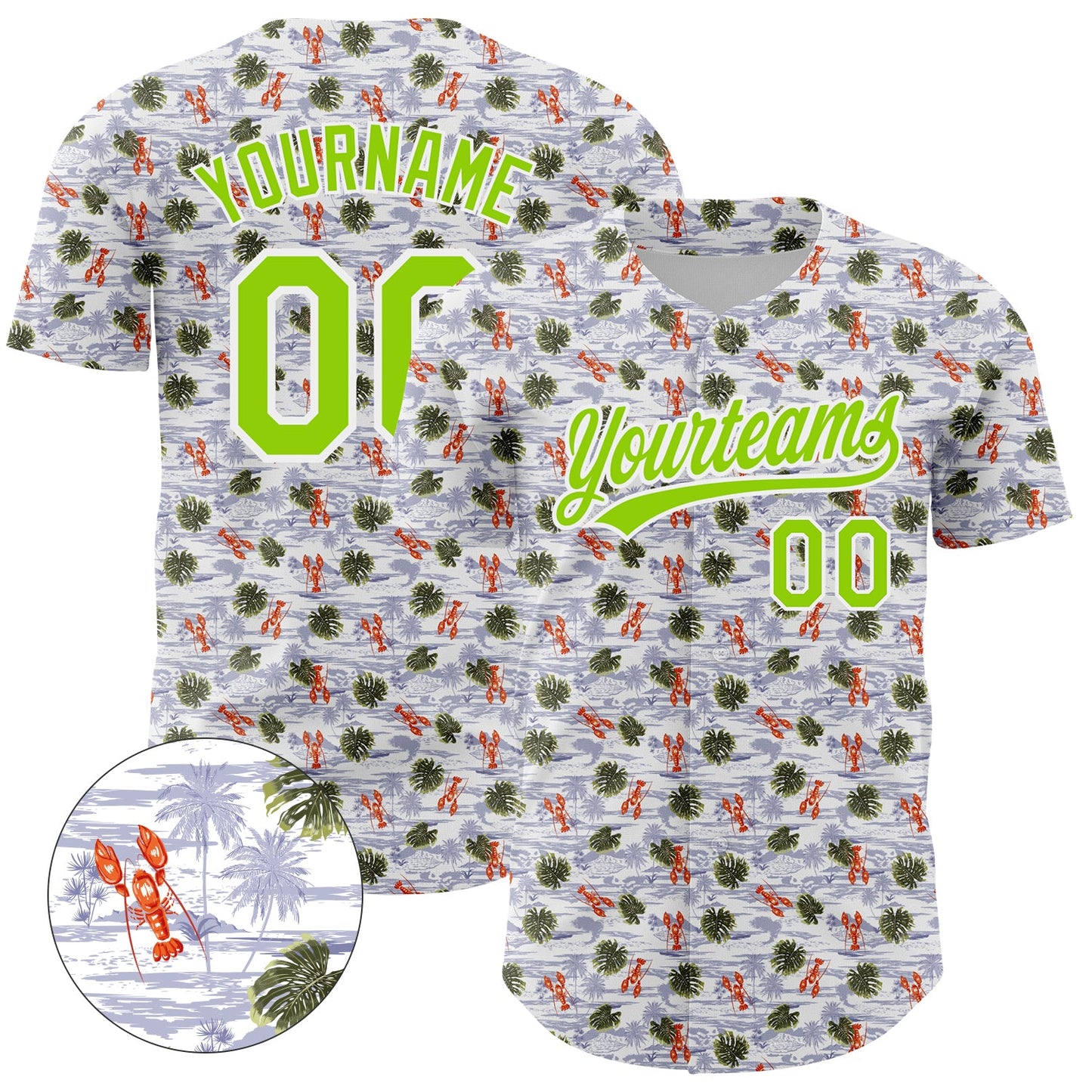 Custom White Neon Green 3D Pattern Design Animal Lobster And Hawaii Palm Trees Authentic Baseball Jersey - Sky-Custom