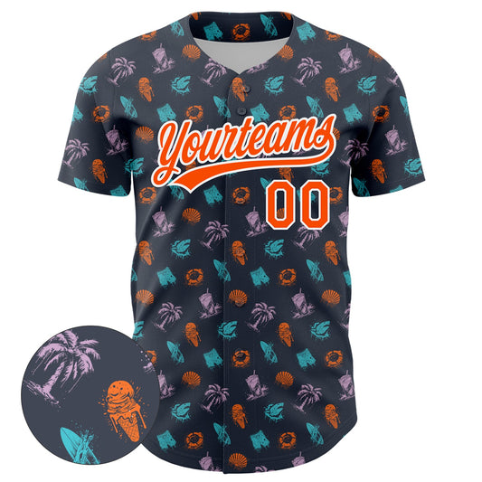 Custom Navy Orange-White 3D Pattern Design Ice Cream And Hawaii Palm Trees Authentic Baseball Jersey - Sky-Custom