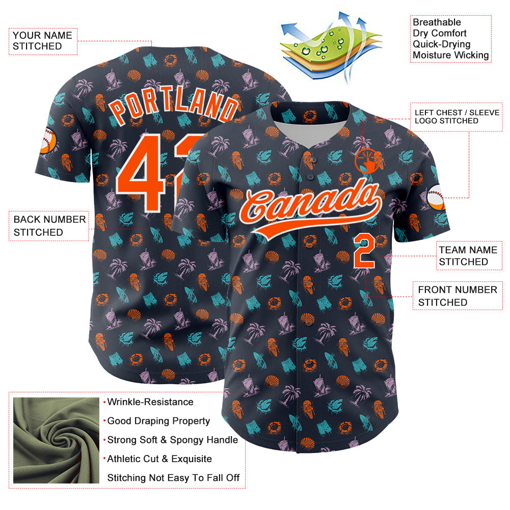 Custom Navy Orange-White 3D Pattern Design Ice Cream And Hawaii Palm Trees Authentic Baseball Jersey - Sky-Custom