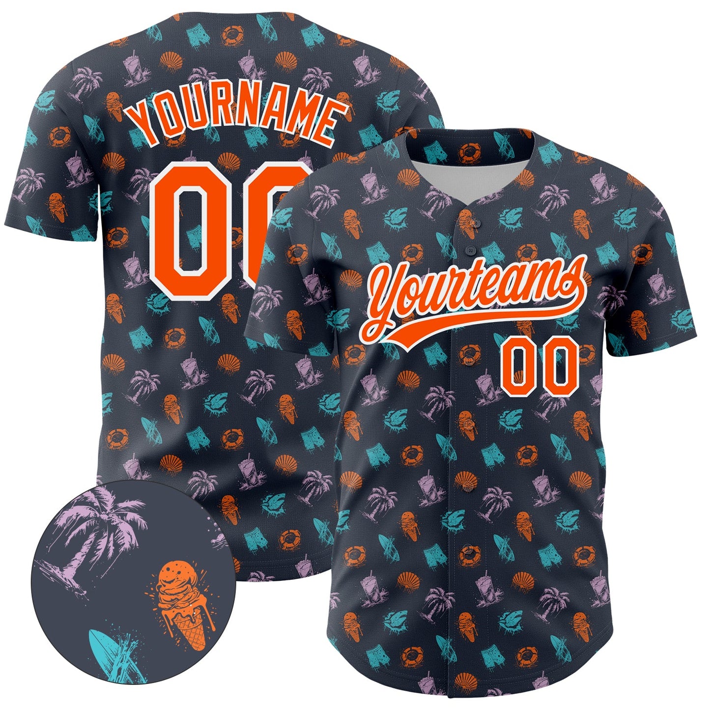 Custom Navy Orange-White 3D Pattern Design Ice Cream And Hawaii Palm Trees Authentic Baseball Jersey - Sky-Custom