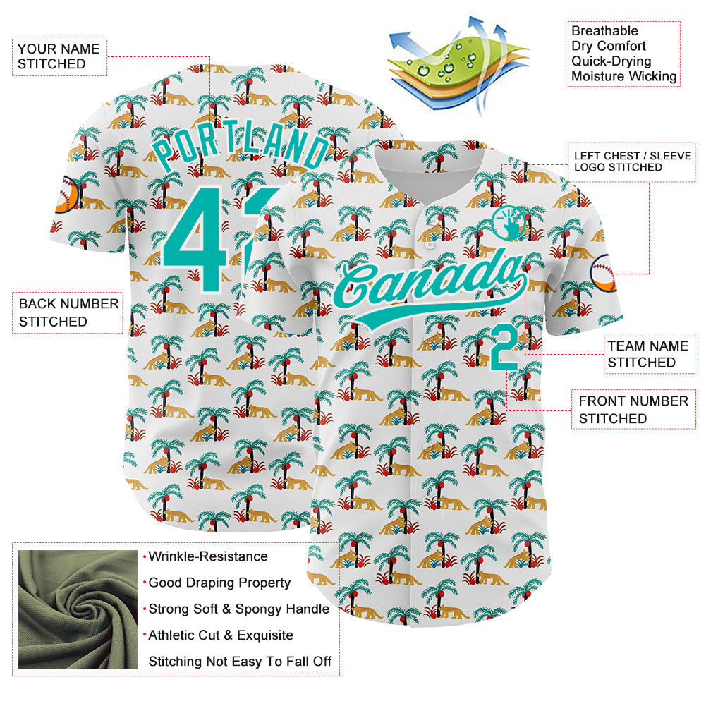 Custom White Aqua 3D Pattern Design Animal Leopard And Hawaii Palm Trees Authentic Baseball Jersey - Sky-Custom