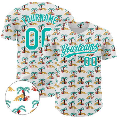 Custom White Aqua 3D Pattern Design Animal Leopard And Hawaii Palm Trees Authentic Baseball Jersey - Sky-Custom