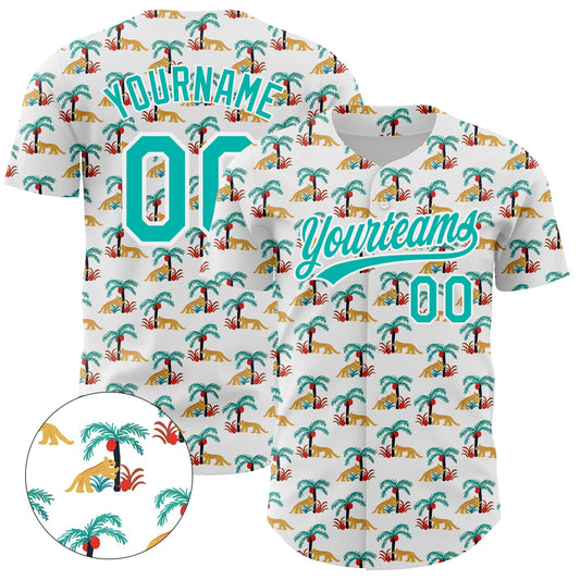 Custom White Aqua 3D Pattern Design Animal Leopard And Hawaii Palm Trees Authentic Baseball Jersey - Sky-Custom