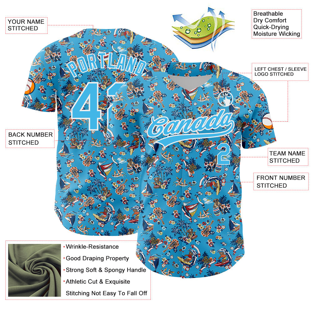 Custom Sky Blue White 3D Pattern Design Animal Bear And Hawaii Palm Trees Authentic Baseball Jersey - Sky-Custom