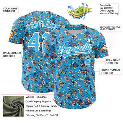Custom Sky Blue White 3D Pattern Design Animal Bear And Hawaii Palm Trees Authentic Baseball Jersey - Sky-Custom
