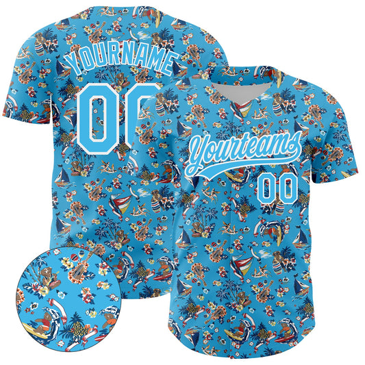 Custom Sky Blue White 3D Pattern Design Animal Bear And Hawaii Palm Trees Authentic Baseball Jersey - Sky-Custom