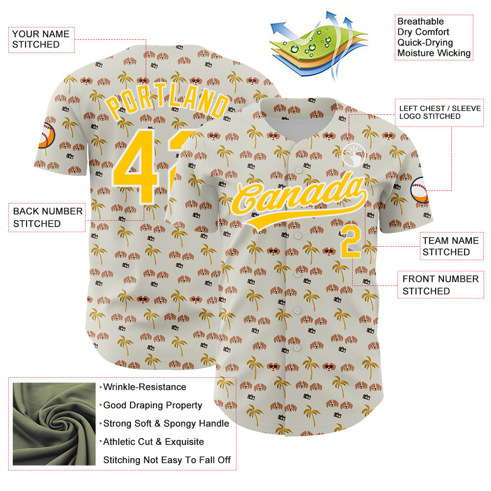 Custom White Yellow 3D Pattern Design Animal Dog And Hawaii Palm Trees Authentic Baseball Jersey - Sky-Custom