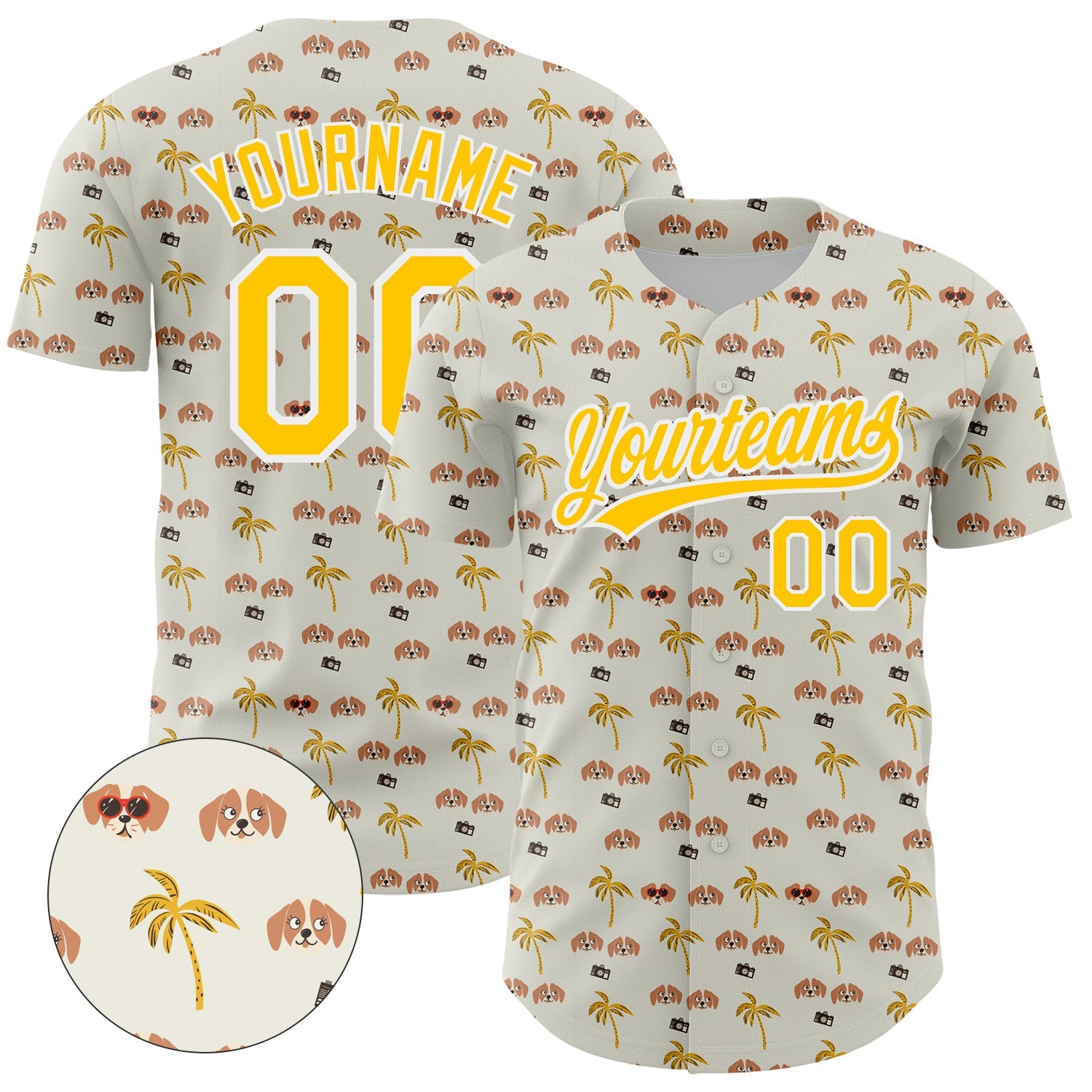Custom White Yellow 3D Pattern Design Animal Dog And Hawaii Palm Trees Authentic Baseball Jersey - Sky-Custom
