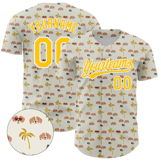 Custom White Yellow 3D Pattern Design Animal Dog And Hawaii Palm Trees Authentic Baseball Jersey - Sky-Custom