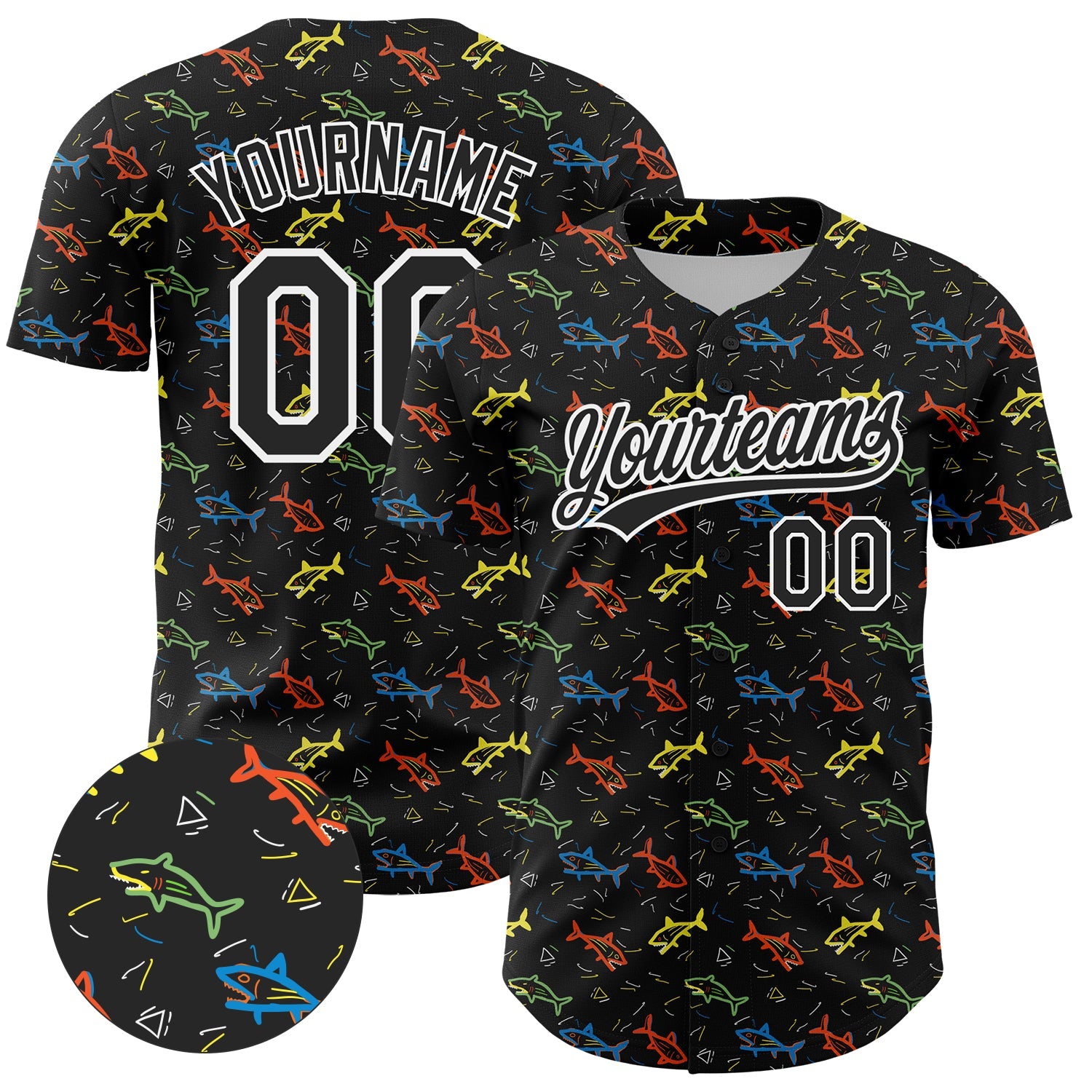 Custom Black White 3D Pattern Design Animal Fish Authentic Baseball Jersey - Sky-Custom