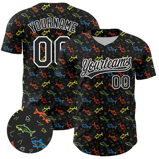 Custom Black White 3D Pattern Design Animal Fish Authentic Baseball Jersey - Sky-Custom
