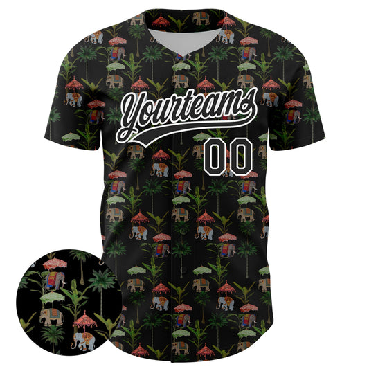 Custom Black White 3D Pattern Design Animal Elephant And Hawaii Palm Trees Authentic Baseball Jersey - Sky-Custom