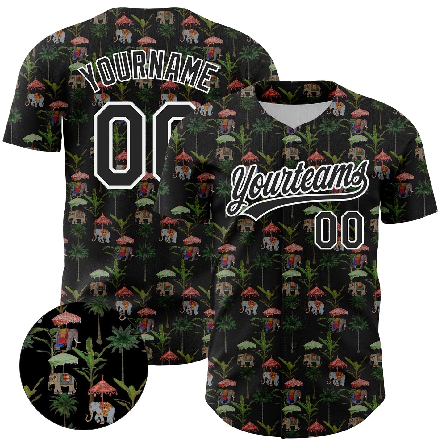 Custom Black White 3D Pattern Design Animal Elephant And Hawaii Palm Trees Authentic Baseball Jersey - Sky-Custom