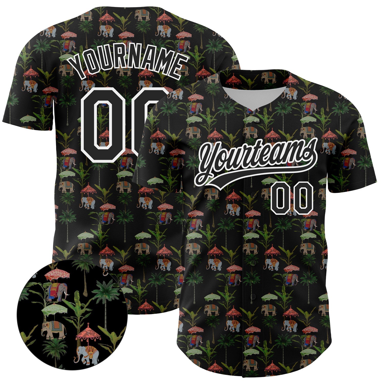Custom Black White 3D Pattern Design Animal Elephant And Hawaii Palm Trees Authentic Baseball Jersey - Sky-Custom