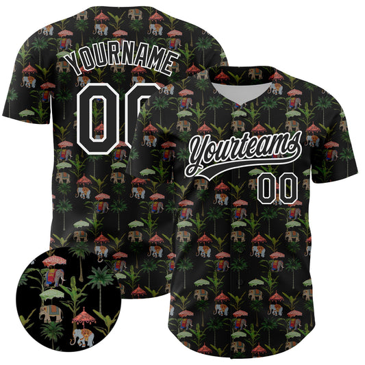 Custom Black White 3D Pattern Design Animal Elephant And Hawaii Palm Trees Authentic Baseball Jersey - Sky-Custom