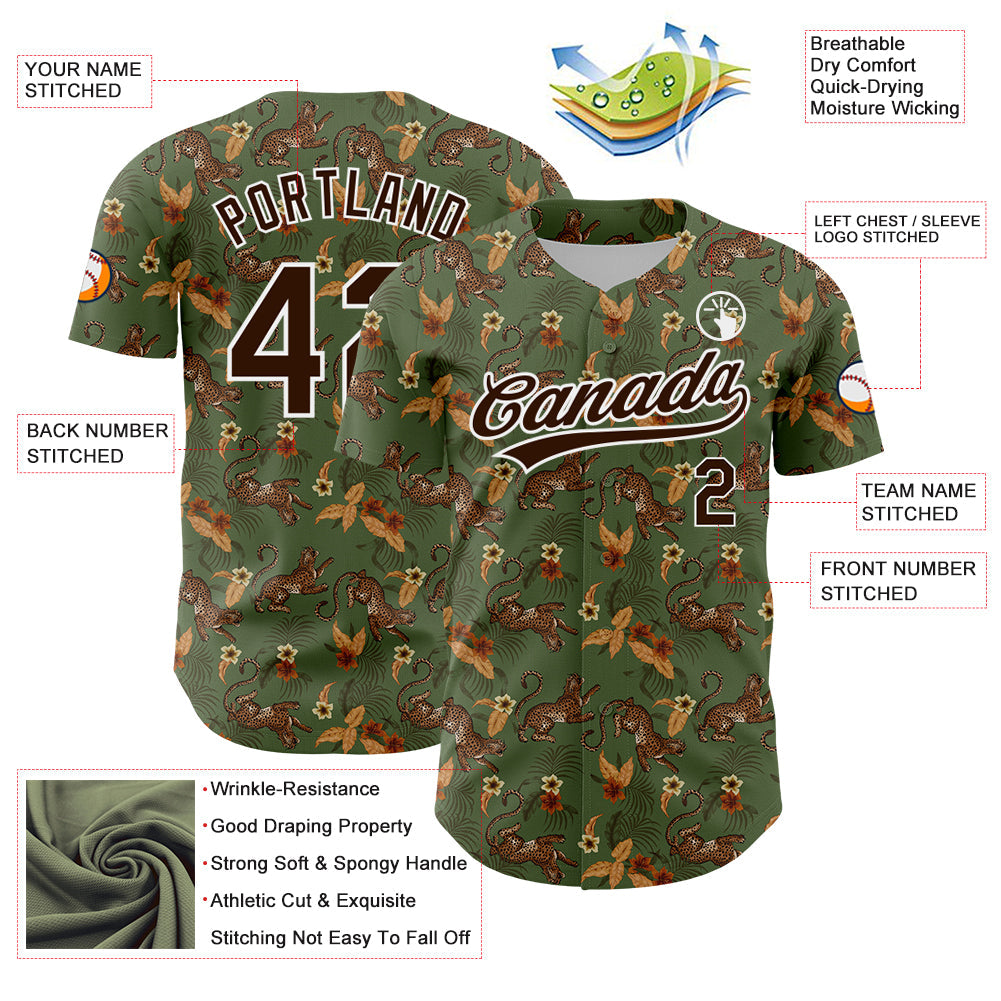 Custom Green Brown-White 3D Pattern Design Animal Leopard And Hawaii Palm Leaves Authentic Baseball Jersey - Sky-Custom