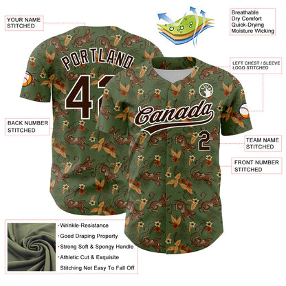 Custom Green Brown-White 3D Pattern Design Animal Leopard And Hawaii Palm Leaves Authentic Baseball Jersey - Sky-Custom