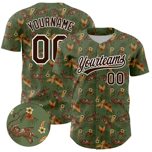 Custom Green Brown-White 3D Pattern Design Animal Leopard And Hawaii Palm Leaves Authentic Baseball Jersey - Sky-Custom