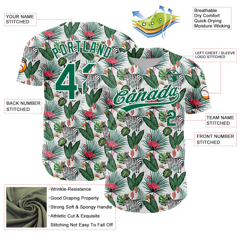 Custom White Kelly Green 3D Pattern Design Animal Zebra Flamingo And Hawaii Palm Leaves Authentic Baseball Jersey - Sky-Custom