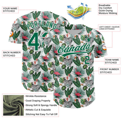 Custom White Kelly Green 3D Pattern Design Animal Zebra Flamingo And Hawaii Palm Leaves Authentic Baseball Jersey - Sky-Custom