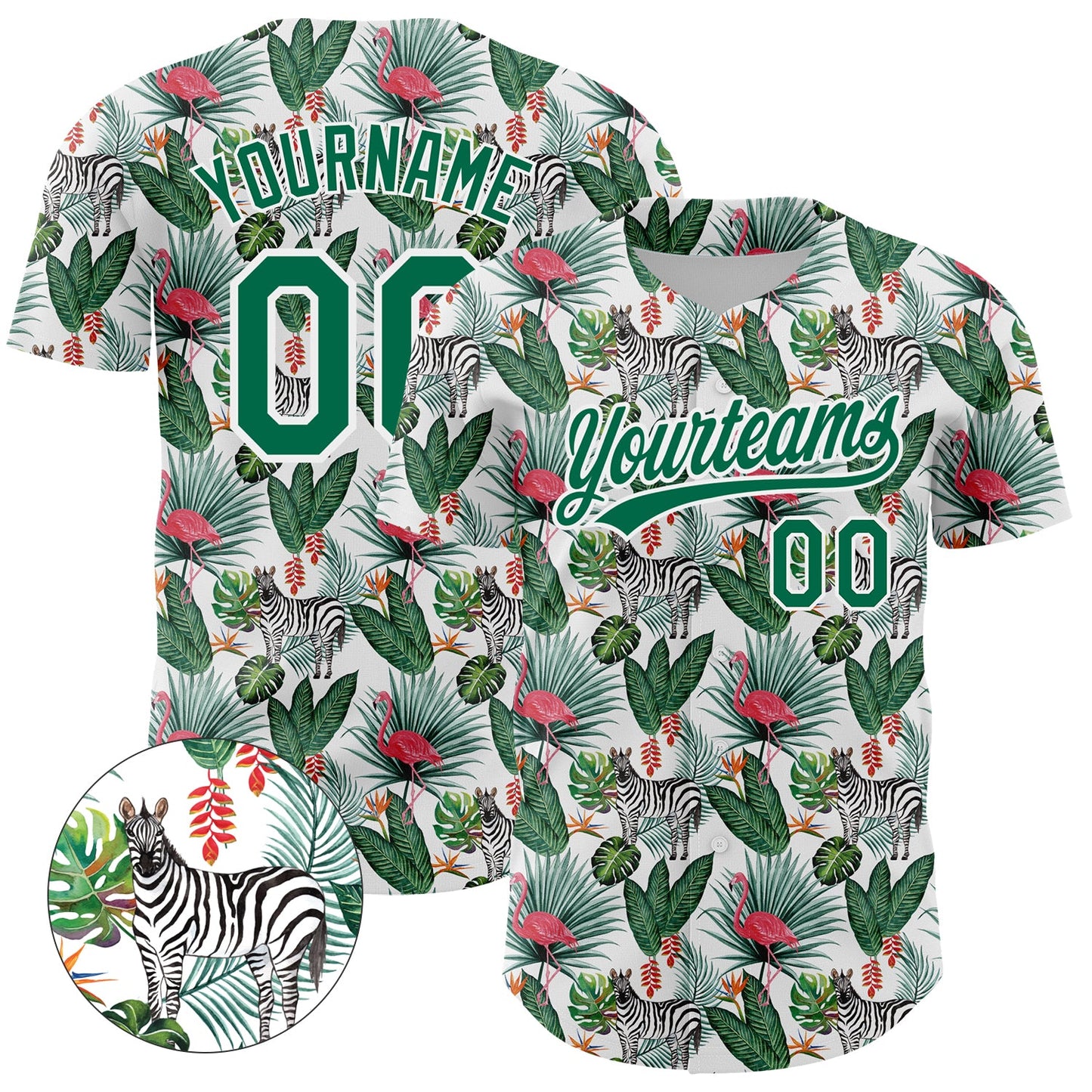 Custom White Kelly Green 3D Pattern Design Animal Zebra Flamingo And Hawaii Palm Leaves Authentic Baseball Jersey - Sky-Custom