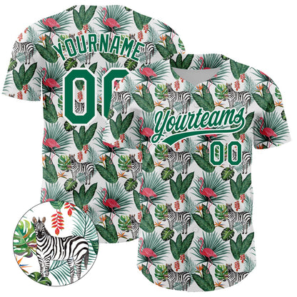 Custom White Kelly Green 3D Pattern Design Animal Zebra Flamingo And Hawaii Palm Leaves Authentic Baseball Jersey - Sky-Custom