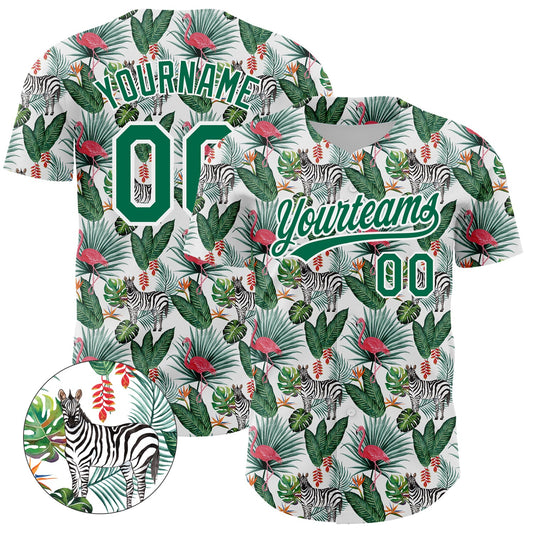 Custom White Kelly Green 3D Pattern Design Animal Zebra Flamingo And Hawaii Palm Leaves Authentic Baseball Jersey - Sky-Custom