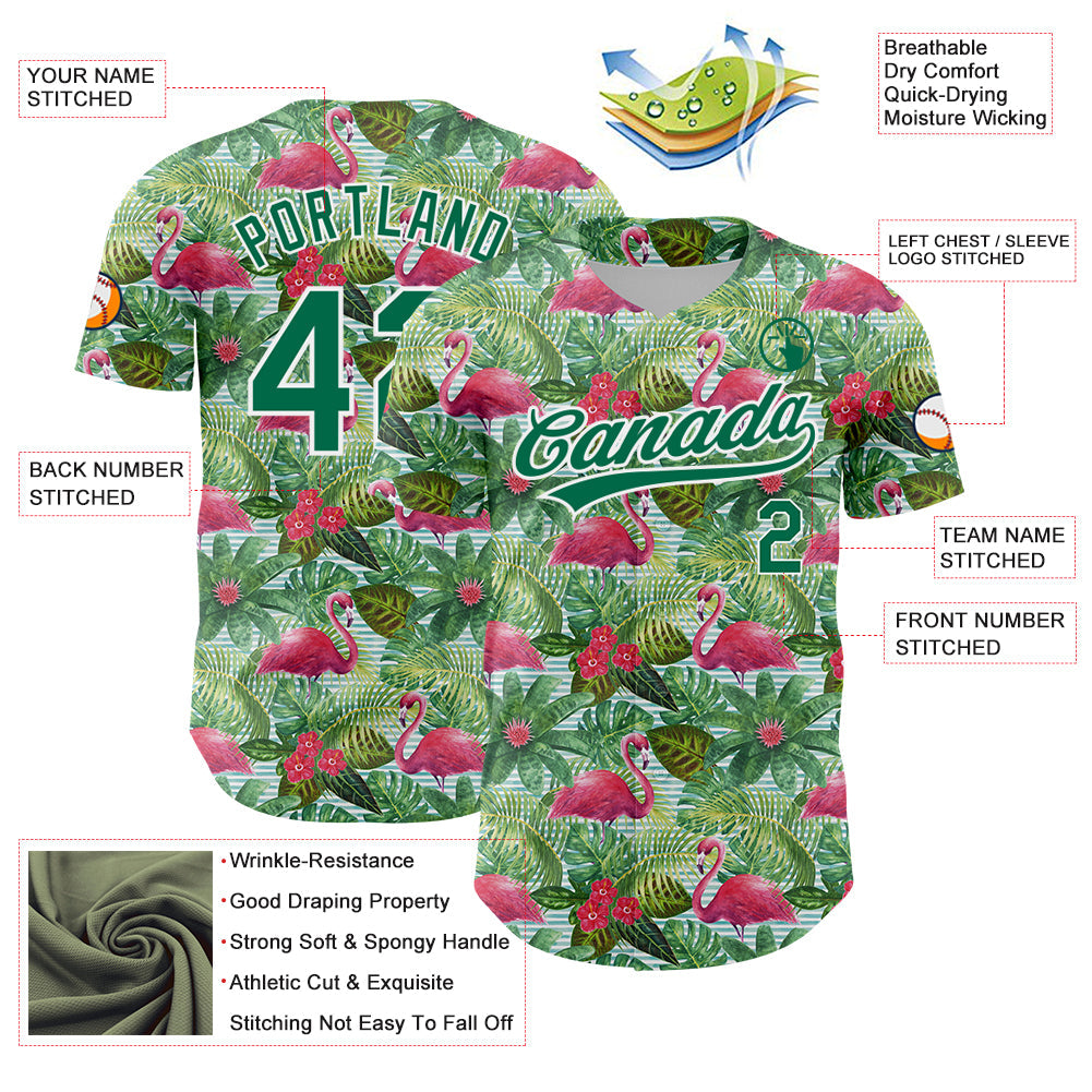 Custom White Kelly Green 3D Pattern Design Animal Flamingo And Hawaii Palm Leaves Authentic Baseball Jersey - Sky-Custom