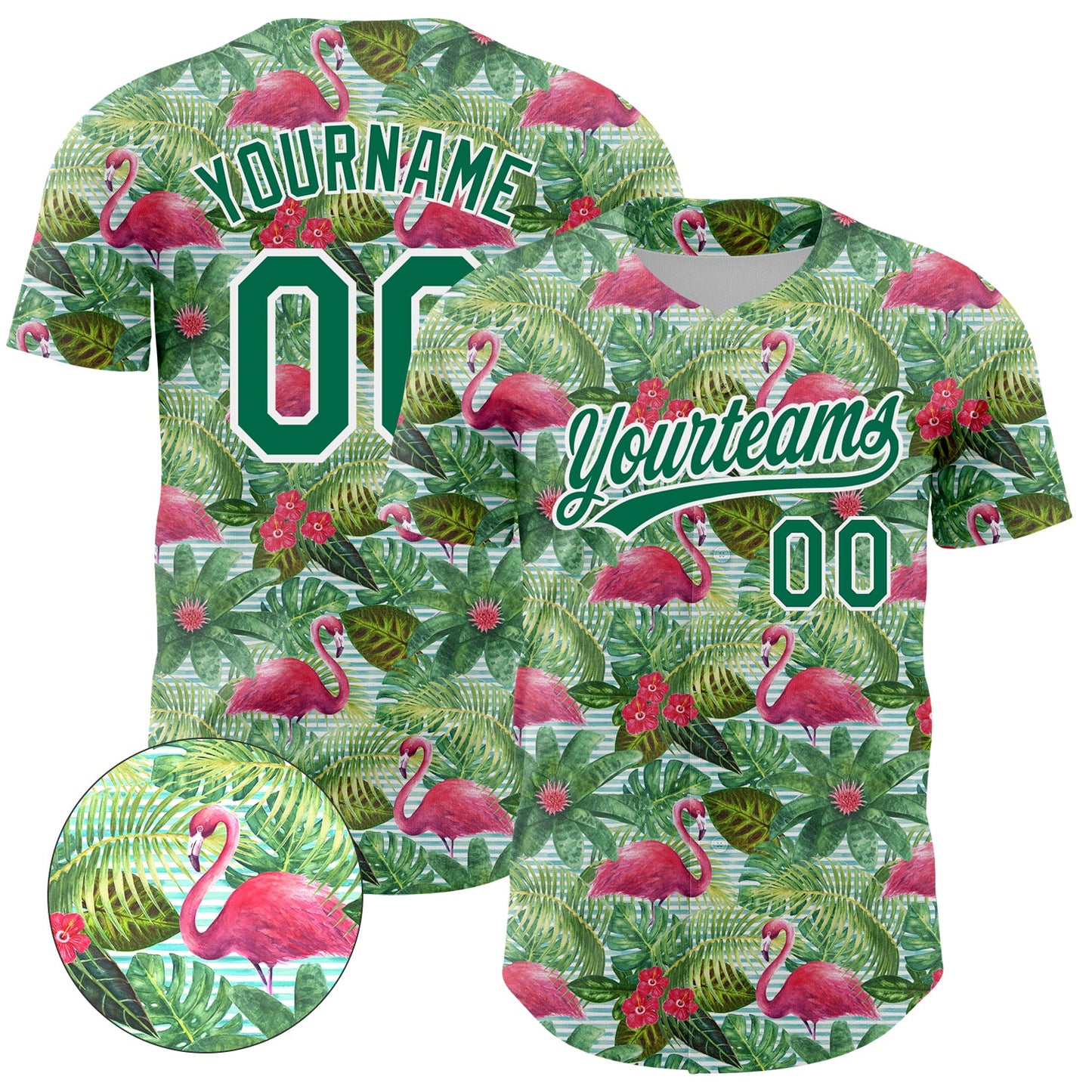Custom White Kelly Green 3D Pattern Design Animal Flamingo And Hawaii Palm Leaves Authentic Baseball Jersey - Sky-Custom