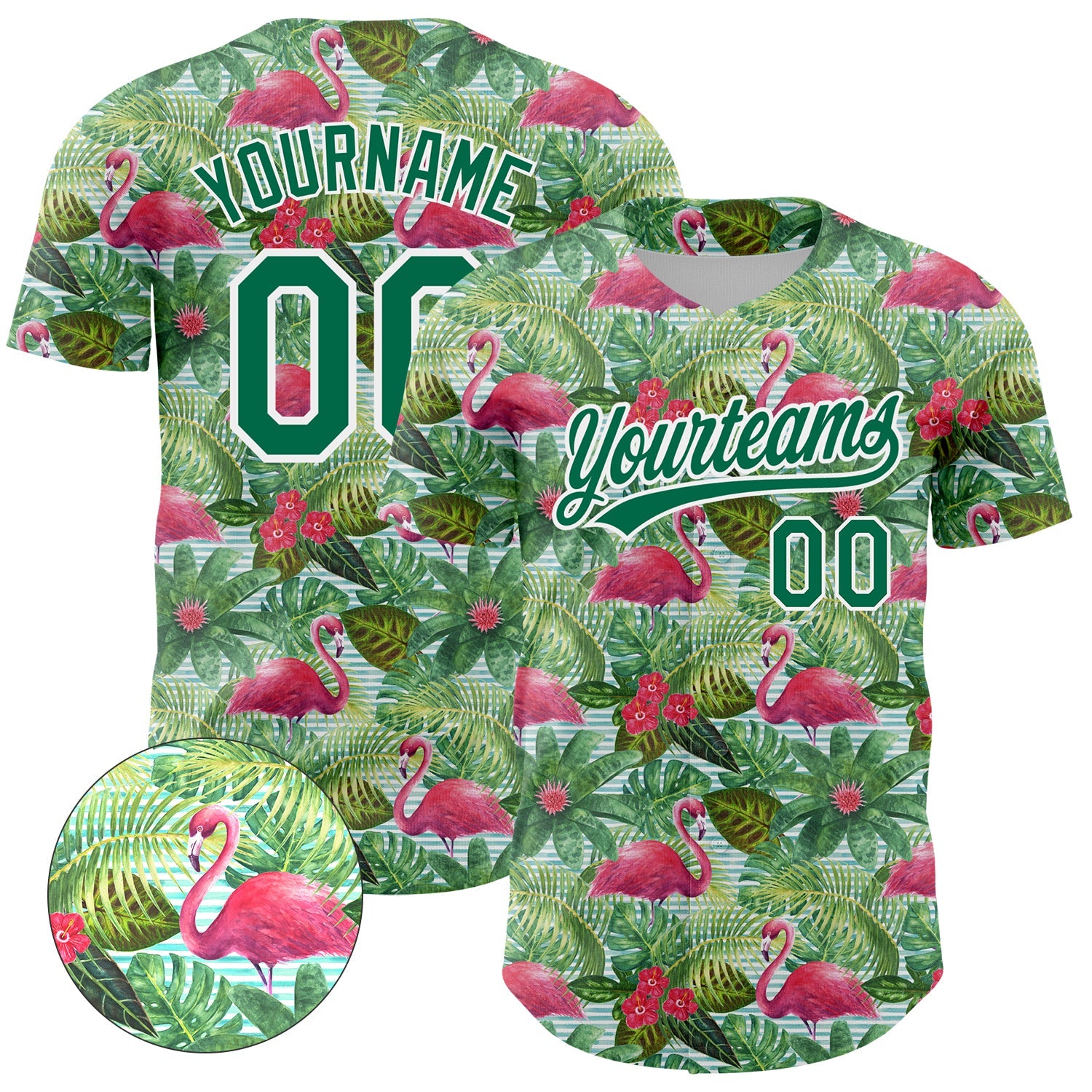Custom White Kelly Green 3D Pattern Design Animal Flamingo And Hawaii Palm Leaves Authentic Baseball Jersey - Sky-Custom