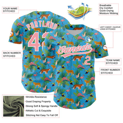 Custom Sky Blue Medium Pink-White 3D Pattern Design Animal Tiger Leopard Flamingo And Hawaii Palm Leaves Authentic Baseball Jersey - Sky-Custom