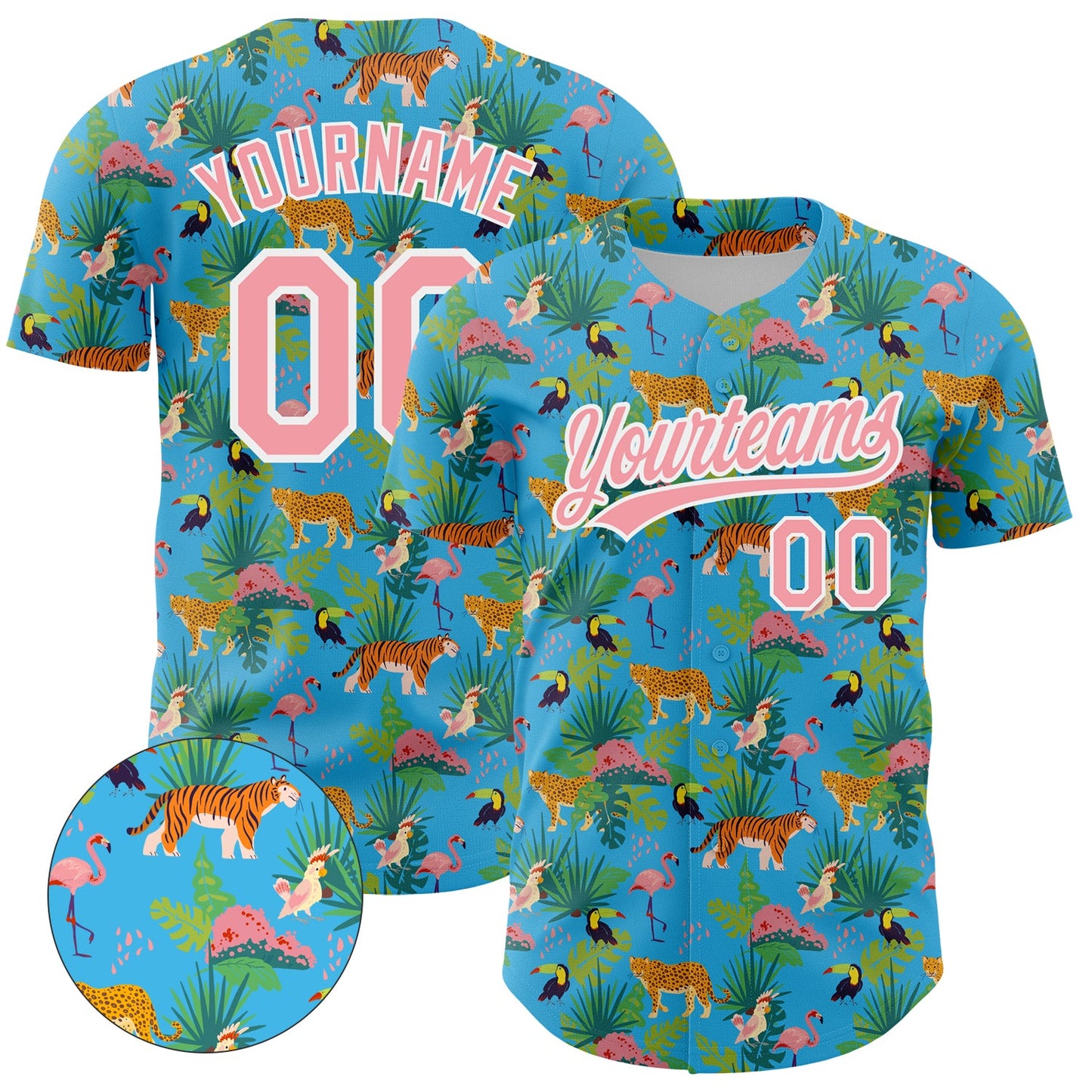 Custom Sky Blue Medium Pink-White 3D Pattern Design Animal Tiger Leopard Flamingo And Hawaii Palm Leaves Authentic Baseball Jersey - Sky-Custom