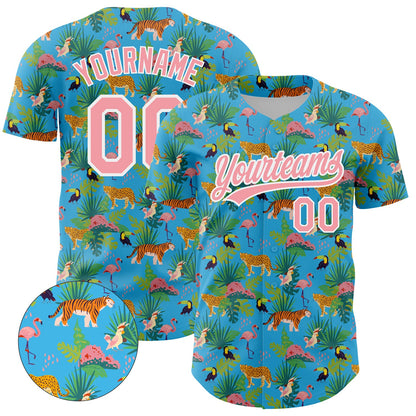 Custom Sky Blue Medium Pink-White 3D Pattern Design Animal Tiger Leopard Flamingo And Hawaii Palm Leaves Authentic Baseball Jersey - Sky-Custom
